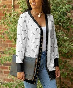 Lily | Black & White Eyeglasses Snap-Button Cardigan - Women & Plus