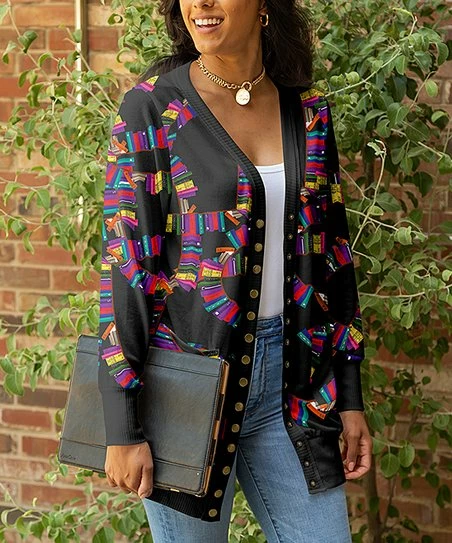 Lily | Black & Jewel-Tone Books Snap-Button Cardigan - Women & Plus 1 Lily | Black & Jewel-Tone Books Snap-Button Cardigan - Women & Plus