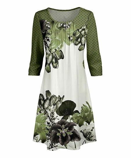 Lily | Green & White Floral Crewneck Shift Dress - Women 1 Lily | Green & White Floral Crewneck Shift Dress - Women