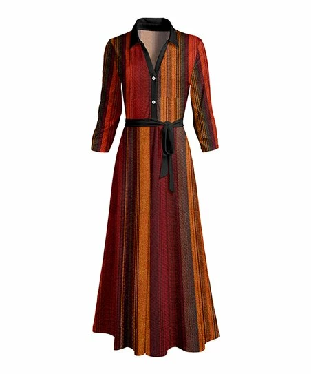 Lily | Red & Gold Stripe Button-Front Tie-Front Maxi Dress - Women 1 Lily | Red & Gold Stripe Button-Front Tie-Front Maxi Dress - Women