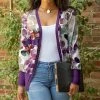 Lily | White & Purple Leaf Snap-Button Cardigan - Women