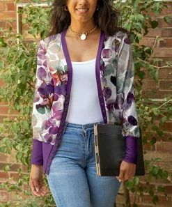 Lily | White & Purple Leaf Snap-Button Cardigan - Women