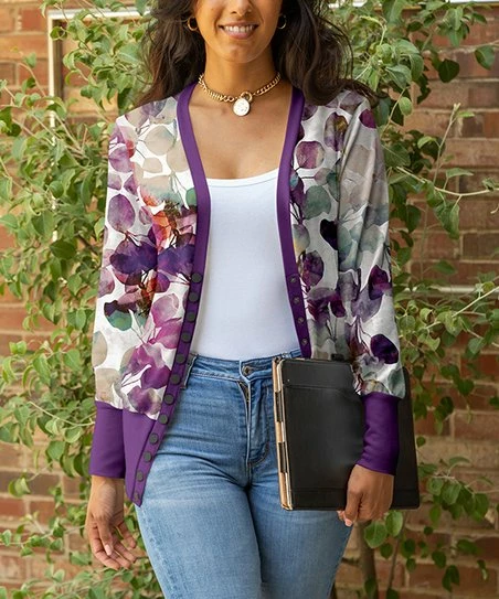 Lily | White & Purple Leaf Snap-Button Cardigan - Women 1 Lily | White & Purple Leaf Snap-Button Cardigan - Women