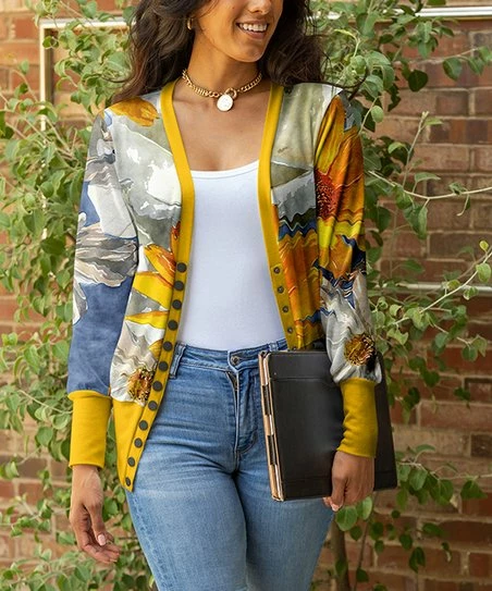 Lily | Gold & Blue Floral Snap-Button Cardigan - Plus 1 Lily | Gold & Blue Floral Snap-Button Cardigan - Plus