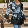 Lily | Black & Blue Floral V-Neck Bell-Sleeve Tunic - Plus
