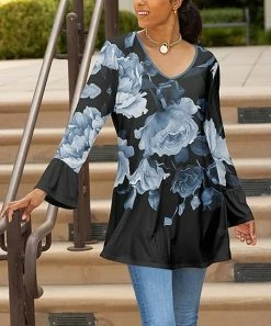 Lily | Black & Blue Floral V-Neck Bell-Sleeve Tunic - Plus
