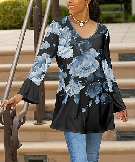 Lily | Black & Blue Floral V-Neck Bell-Sleeve Tunic - Plus 1 Lily | Black & Blue Floral V-Neck Bell-Sleeve Tunic - Plus