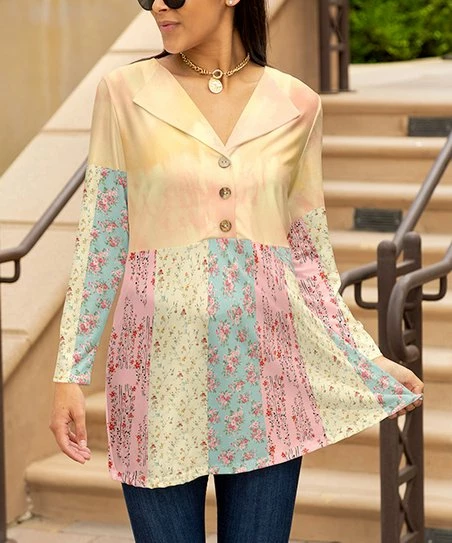 Lily | Cream & Rose Floral Color Block Collared Swing Tunic - Plus 1 Lily | Cream & Rose Floral Color Block Collared Swing Tunic - Plus