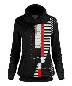 Lily | Black & Red Geometric Button-Detail Hoodie - Women