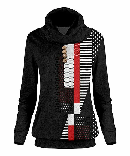 Lily | Black & Red Geometric Button-Detail Hoodie - Women 1 Lily | Black & Red Geometric Button-Detail Hoodie - Women
