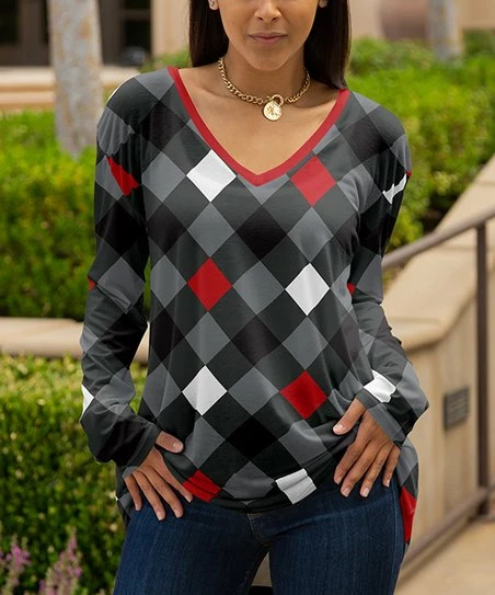 Lily | Gray & Red Argyle V-Neck Long-Sleeve Tunic - Women 1 Lily | Gray & Red Argyle V-Neck Long-Sleeve Tunic - Women