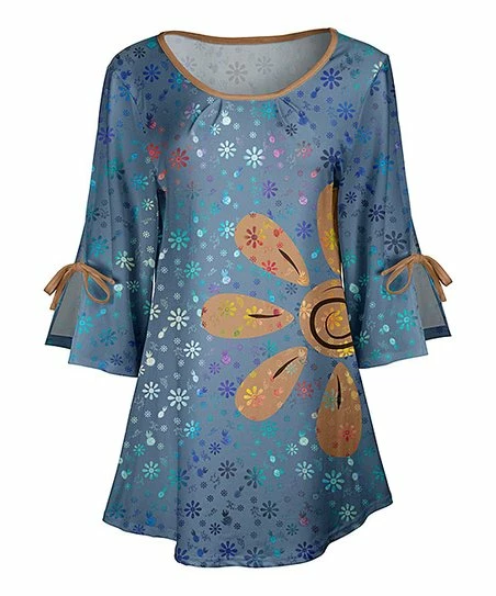 Lily | Blue & Gold Floral Scoop-Neck Three-Quarter Sleeve Tunic - Women 1 Lily | Blue & Gold Floral Scoop-Neck Three-Quarter Sleeve Tunic - Women