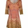 Lily | Pink & Brown Arabesque Pleated Three-Quarter Sleeve Tunic - Plus