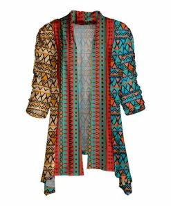 Lily | Turquoise & Tan Geometric Open-Front Cardigan - Plus
