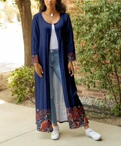 Lily | Navy & Red Floral Cable-Knit Open Duster - Plus