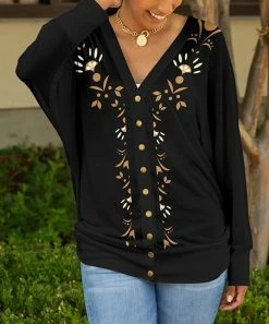 Lily | Black & Beige Floral V-Neck Snap-Button Cardigan Cardigan - Plus