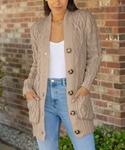 Lily | Beige Cable-Knit Pocket Button-Up Grandpa Cardigan - Women & Plus