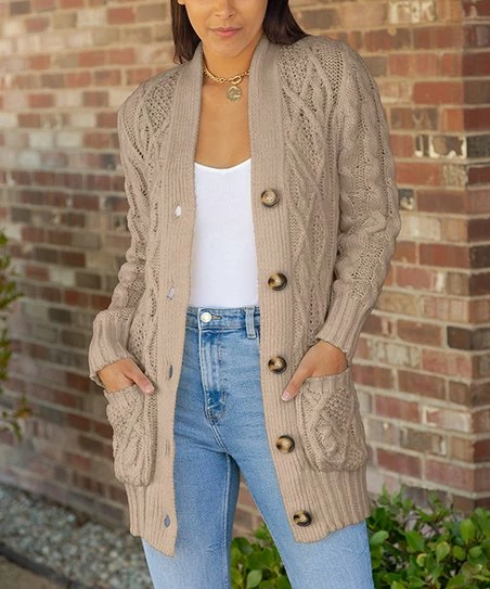 Lily | Beige Cable-Knit Pocket Button-Up Grandpa Cardigan - Women & Plus 1 Lily | Beige Cable-Knit Pocket Button-Up Grandpa Cardigan - Women & Plus