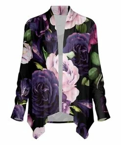 Lily | Purple & Black Floral Shawl-Collar Drape-Front Cardigan - Women