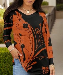 Lily | Black & Orange Abstract Floral Long-Sleeve Side-Slit V-Neck Tunic - Women