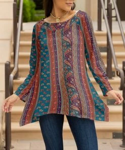 Lily | Teal & Rust Paisley Stripe Long-Sleeve Sidetail Tunic - Plus