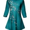 Lily | Teal & White Floral Three-Quarter Sleeve V-Nevk Tunic - Plus
