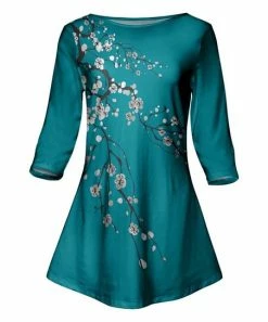 Lily | Teal & White Floral Three-Quarter Sleeve V-Nevk Tunic - Plus