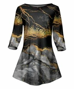 Lily | Black & Gold Marble Three-Quarter Sleeve V-Nevk Tunic - Women & Plus