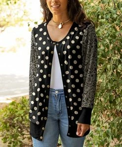 Lily | Black & Cream Polka Dot Floral Paisley Snap-Button Cardigan - Plus