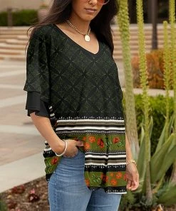 Lily | Black & Olive Floral Geometric Ruffle-Sleeve V-Neck Tunic - Women