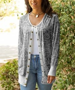Lily | Gray & White Floral Snap-Button Cardigan - Women