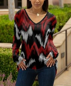 Lily | Black & Red Abstract V-Neck Long-Sleeve Tunic - Women