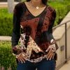 Lily | Black & Rust Floral Abstract V-Neck Long-Sleeve Top - Plus