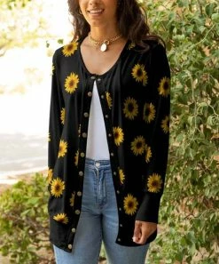 Lily | Black & Yellow Sunflower Snap-Button Cardigan - Women & Plus
