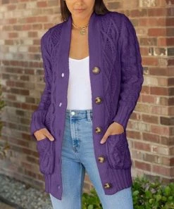 Lily | Purple Cable Knit Pocket Button-Front Grandpa Cardigan - Women & Plus