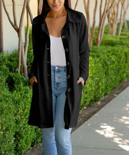 Lily | Black Pocket Collared Button-Front Longline Jacket - Women 1 Lily | Black Pocket Collared Button-Front Longline Jacket - Women