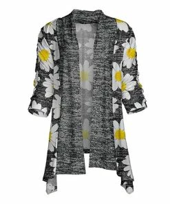 Lily | Gray & Yellow Daisy Shawl-Collar Waterfall Open Cardigan - Plus