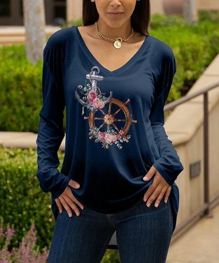 Lily | Navy & Brown Floral Anchor V-Neck Long-Sleeve Tunic - Women 1 Lily | Navy & Brown Floral Anchor V-Neck Long-Sleeve Tunic - Women