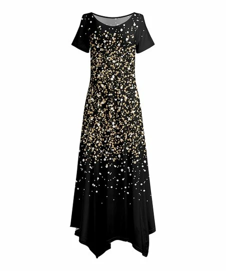 Lily | Black & Beige Glitter-Print Short-Sleeve Handkerchief Maxi Dress - Plus 1 Lily | Black & Beige Glitter-Print Short-Sleeve Handkerchief Maxi Dress - Plus