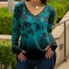 Lily | Teal & Black Ombré Floral Long-Sleeve V-Neck Tunic - Plus