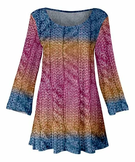 Lily | Blue & Pink Ombré Knit-Print Scoop Neck Tunic - Plus 1 Lily | Blue & Pink Ombré Knit-Print Scoop Neck Tunic - Plus