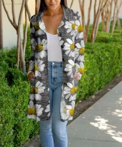 Lily | Gray & Yellow Daisy Pocket Collared Button-Front Longline Jacket - Plus