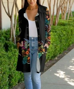 Lily | Black Multicolor Floral Pocket Collared Button-Front Longline Jacket - Women