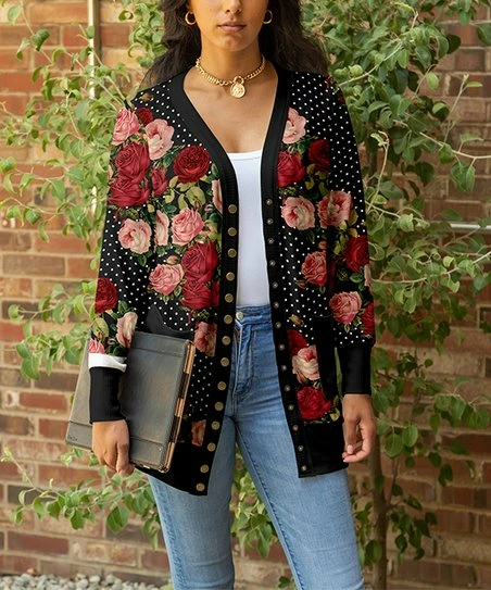 Lily | Black & Red Floral Polka Dot Snap-Up Cardigan - Women 1 Lily | Black & Red Floral Polka Dot Snap-Up Cardigan - Women