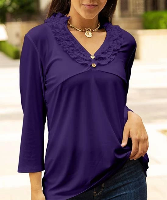 Lily | Purple Ruffle-Trim Button-Front V-Neck Tunic - Plus 1 Lily | Purple Ruffle-Trim Button-Front V-Neck Tunic - Plus