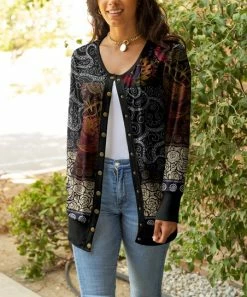 Lily | Black Multicolor Floral Patchwork Snap-Button Cardigan - Plus