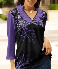 Lily | Black & Purple Floral Ruffle-Trim Button-Front V-Neck Tunic - Plus