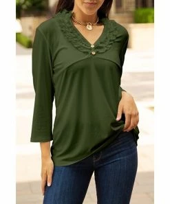 Lily | Green Ruffle-Trim Button-Front V-Neck Tunic - Women 3 Lily | Green Ruffle-Trim Button-Front V-Neck Tunic - Women -Cheap Lily Store zu98785435 alt 6 tm1629493455