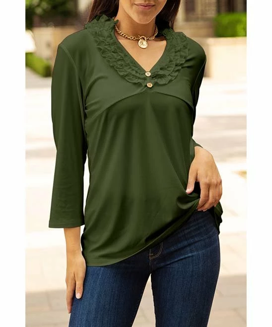Lily | Green Ruffle-Trim Button-Front V-Neck Tunic - Women 2 Lily | Green Ruffle-Trim Button-Front V-Neck Tunic - Women - Image 2