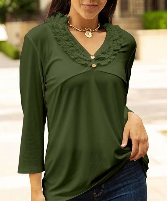Lily | Green Ruffle-Trim Button-Front V-Neck Tunic - Women 1 Lily | Green Ruffle-Trim Button-Front V-Neck Tunic - Women